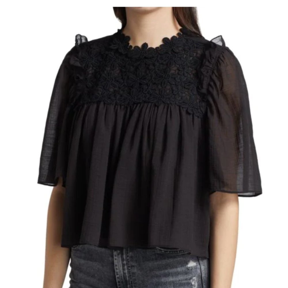 7 FOR ALL MANKIND NWT Appliquéd Ruffle Linen-Blend Blouse Size M Black